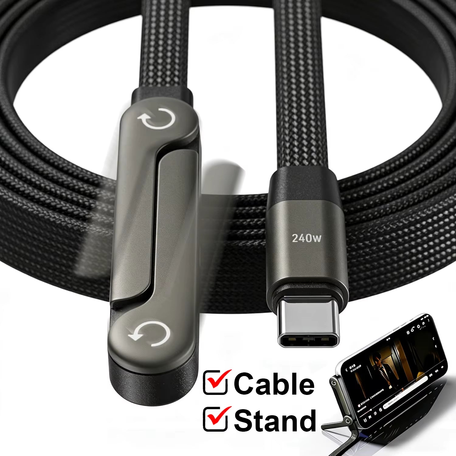 240W Type-C to Type C Cable Elbow Fast Charging Data Cable Foldable Stand Phone Holder for Iphone 17/16/15 for Samsung Charger